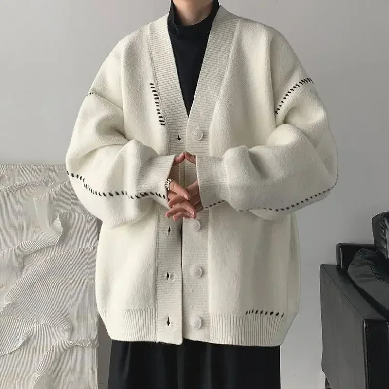 Mens outerwear white knitted sweater mens clothing Japanese retro jacket cardigan patch work shirt 90s retro knitted sweater Korean style X240808