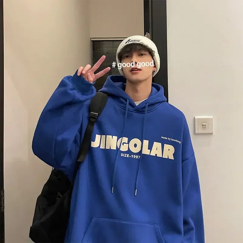 Mens sportswear hoodie blue mens clothing letter jacket printed streetwear Korean style high quality winter S 240824