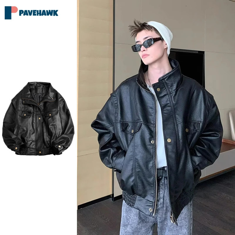 Black retro Pu leather motorcycle jacket mens hip-hop spring autumn bomber jacket mens zipper cargo racing windproof jacket style240808