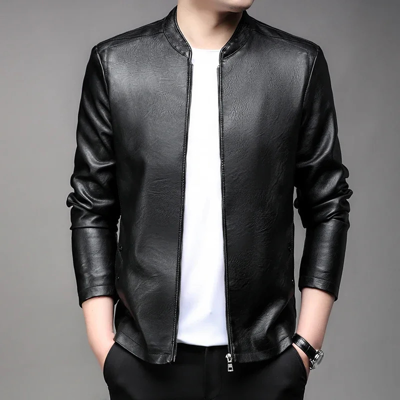 2024 oversized mens standing collar PU leather jacket motorcycle Plus size artificial business casual winter 240808