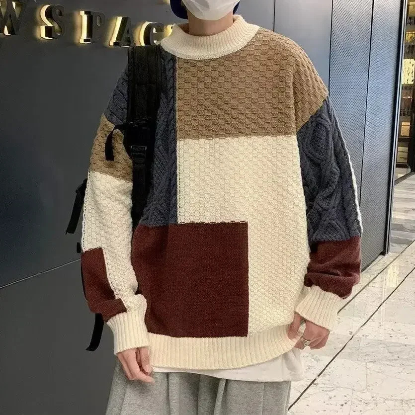 Mens clothing mens collar jacket knitted sweater mens round neck jacket spliced zipper X fit Y2k retro top Korean style A240808