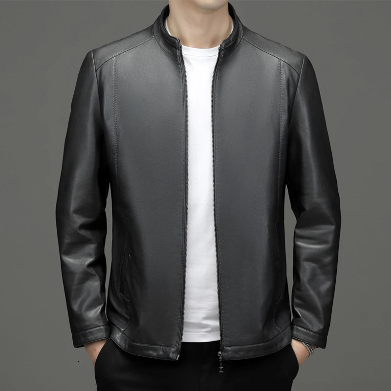 High quality leather jacket mens business casual clothing spring and summer stand collar motorcycle 240808