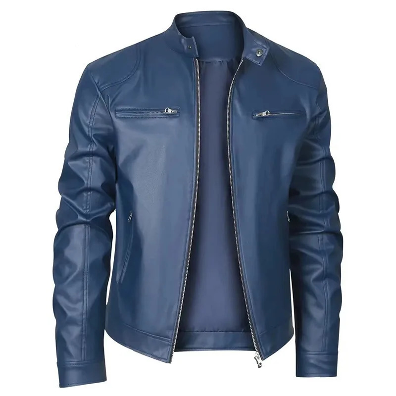 2024 high-quality mens ultra-thin leather jacket with stand up collar zipper pocket decorated leather bicycle mens jacket240808