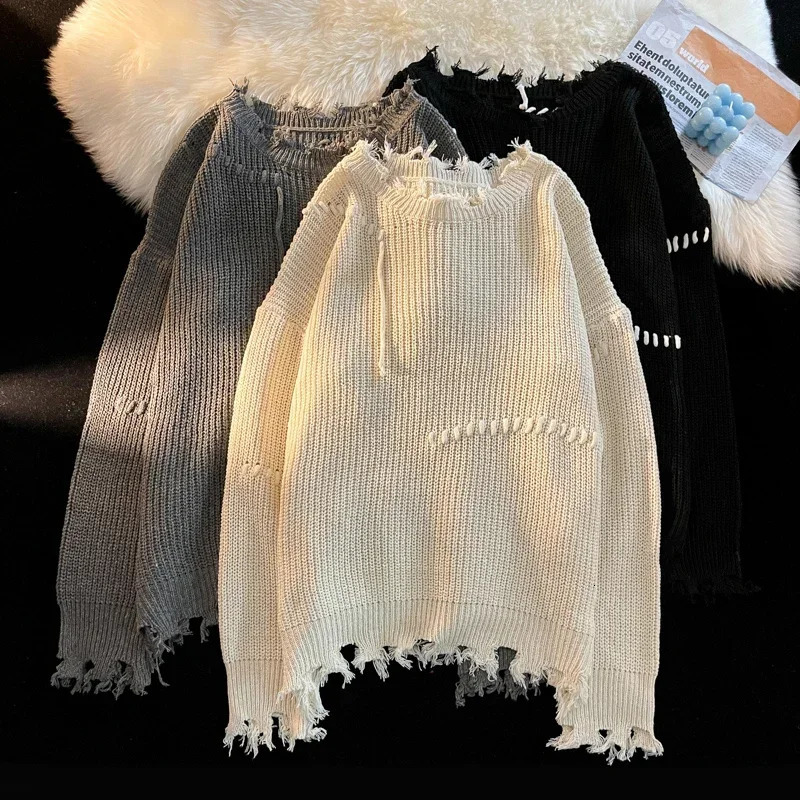 Fashion niche knitted sweaters for autumn and winter torn O-ring loose waist high street knitted sweaters mens pull-out mens clothing240808