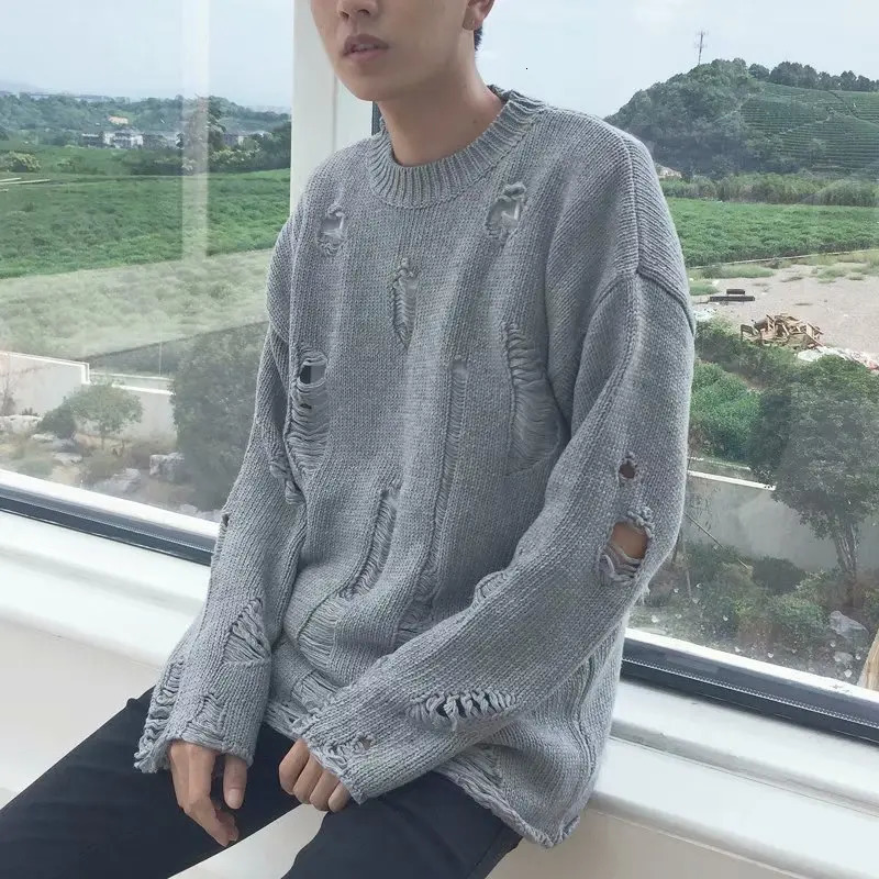 Mens Wash Hole Tear Knitted Sweater Solid Color Tear O-Neck Large Couple Sweater Winter Cool Mens Street Clothing240808