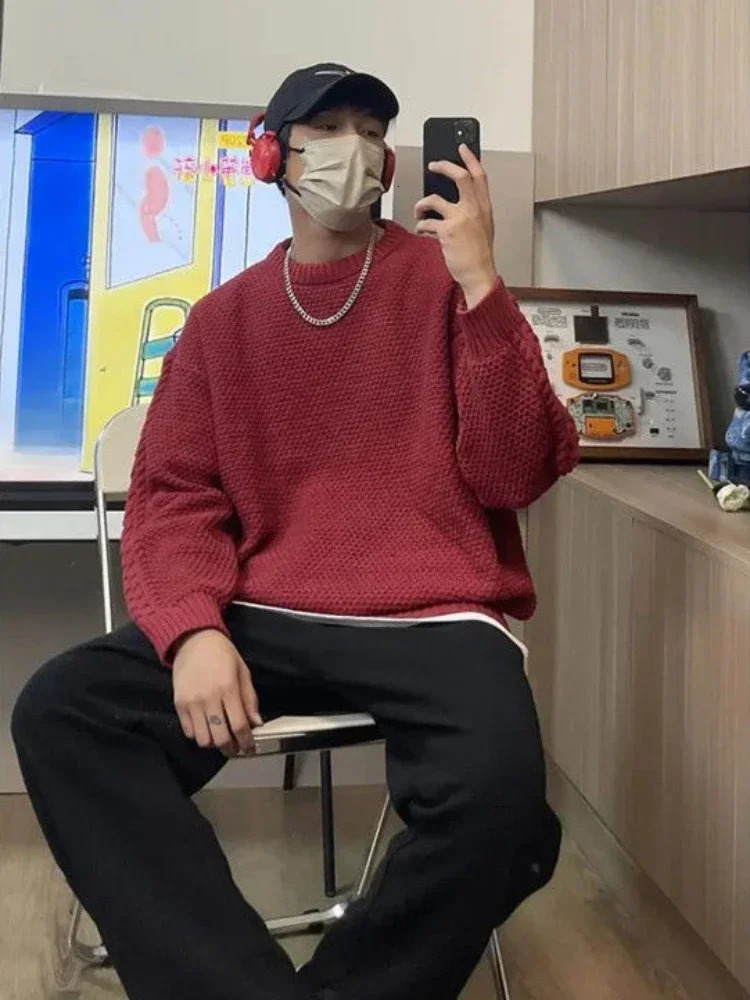 Mens knitted sweater flat neck red mens clothing zipper mens solid color clothing wool T-shirt casual order240808
