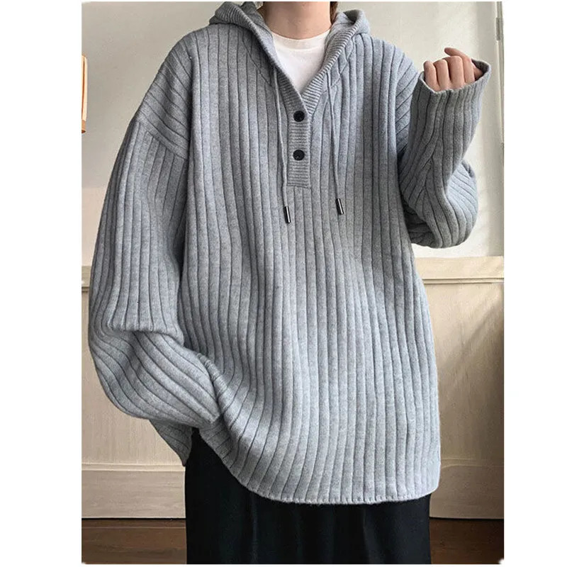High end feel American retro sweater mens lazy hooded sweater couple button oversized knitted mens clothing jacket S-3XL C0063240808