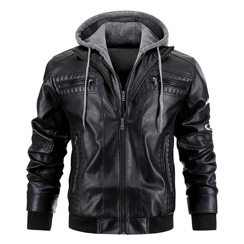 Mens leather jacket motorcycle ultrathin fit hooded PU autumn and winter casual windproof mens clothing detachable hat SXXXL 240808