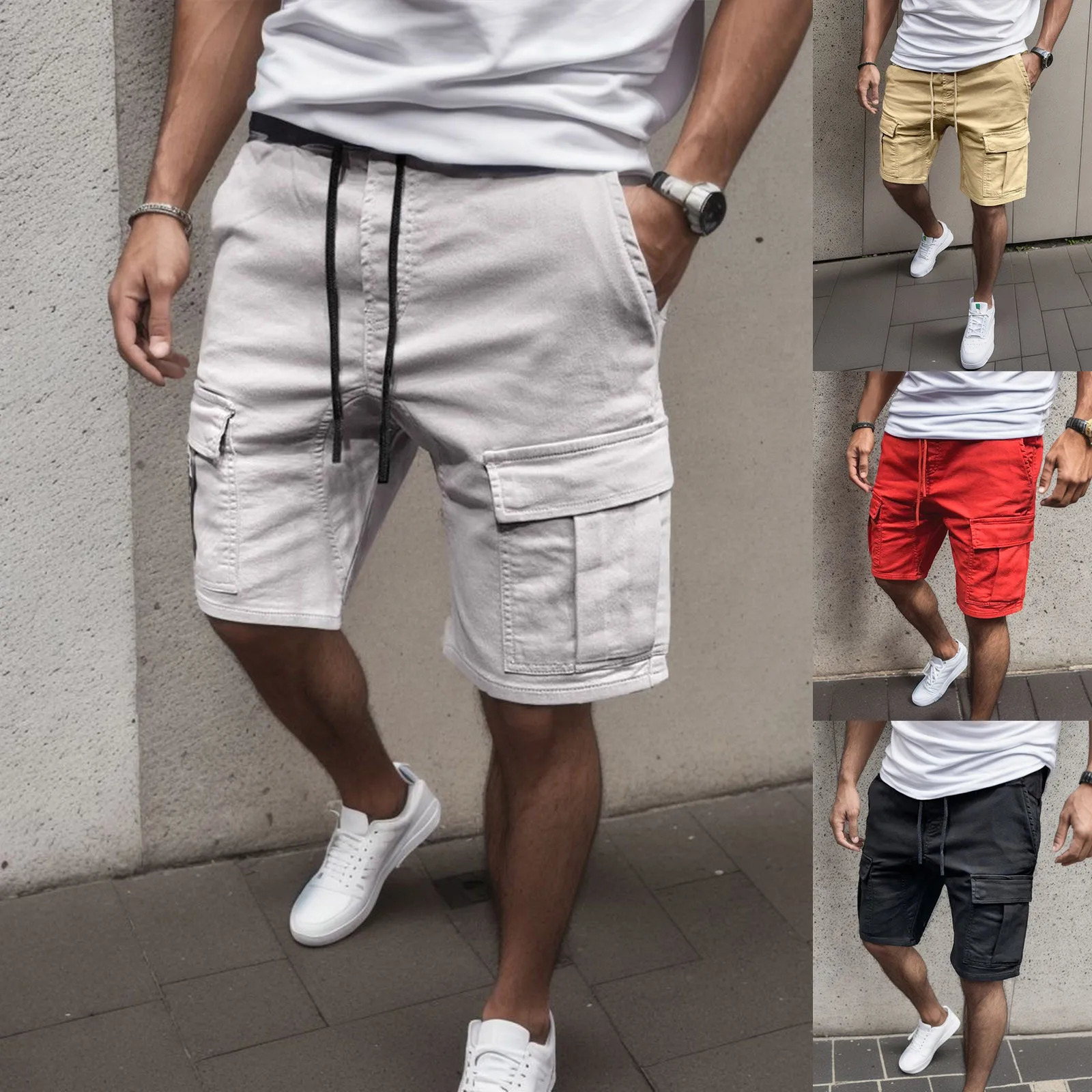 Pantalon de cargaison de couleur massif pour hommes shorts à cordon hip hop streetwear mâle gymnase fitness pantalon de survêtement joggers short