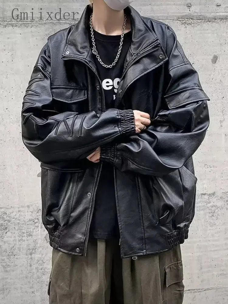 Gmiixder motorcycle PU leather jacket mens oversized casual American retro coat unisex punk streetwear cool bomber jacket240808