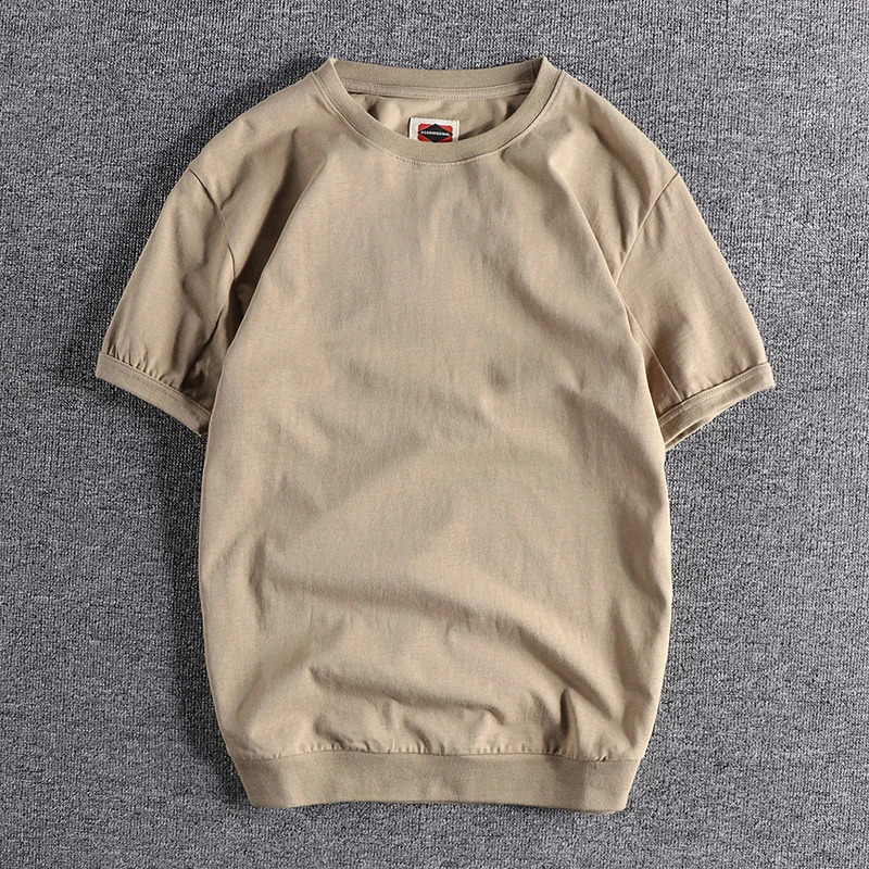 Été américain rétro à manches courtes à manches ondulées Oneck Color Tshirt pour les hommes à la mode et simple 100 coton pur lavage sportif déco