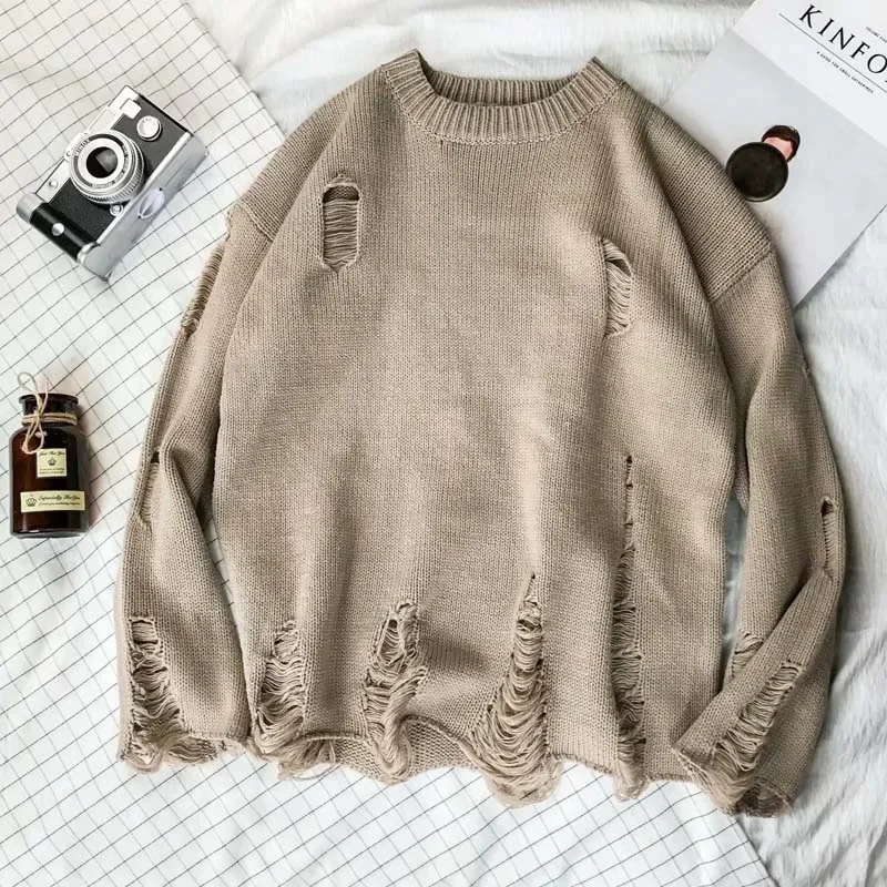 Lazy Streetwear mens style O-neck knitted cardigan sweater retro couple loose pull mens knitted hole sweater E91240808
