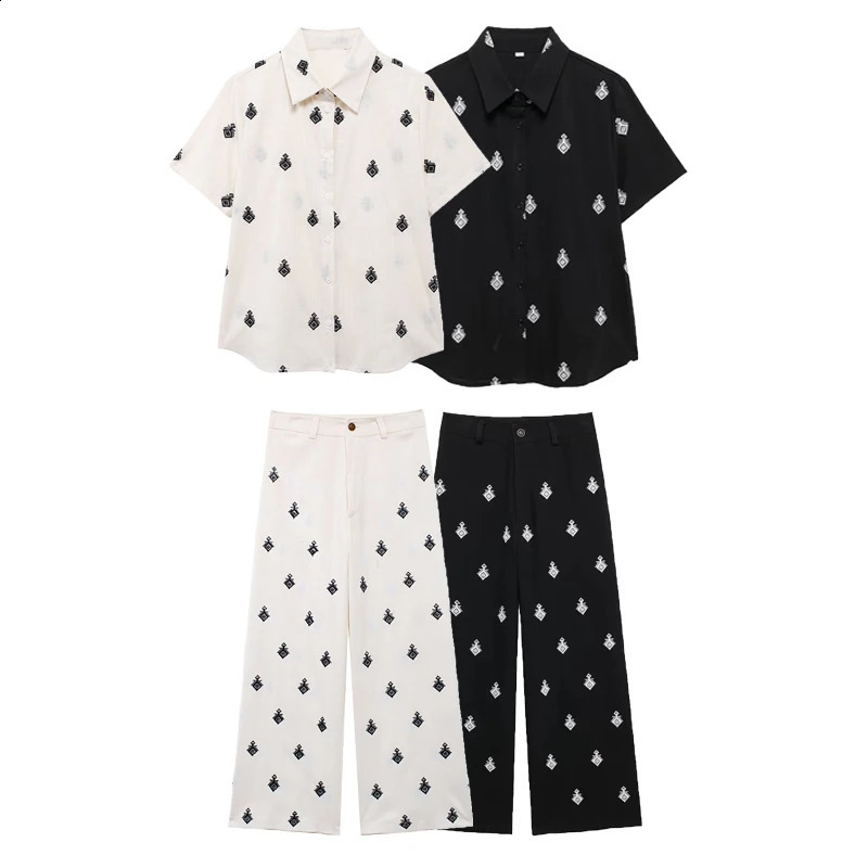 YUEYANG Women Fashion Chic Contrast Embroidery Sets Female Lapel Collar Shirts Straight Leg Pants 2 pieces Sets Ladies Outfits 240809