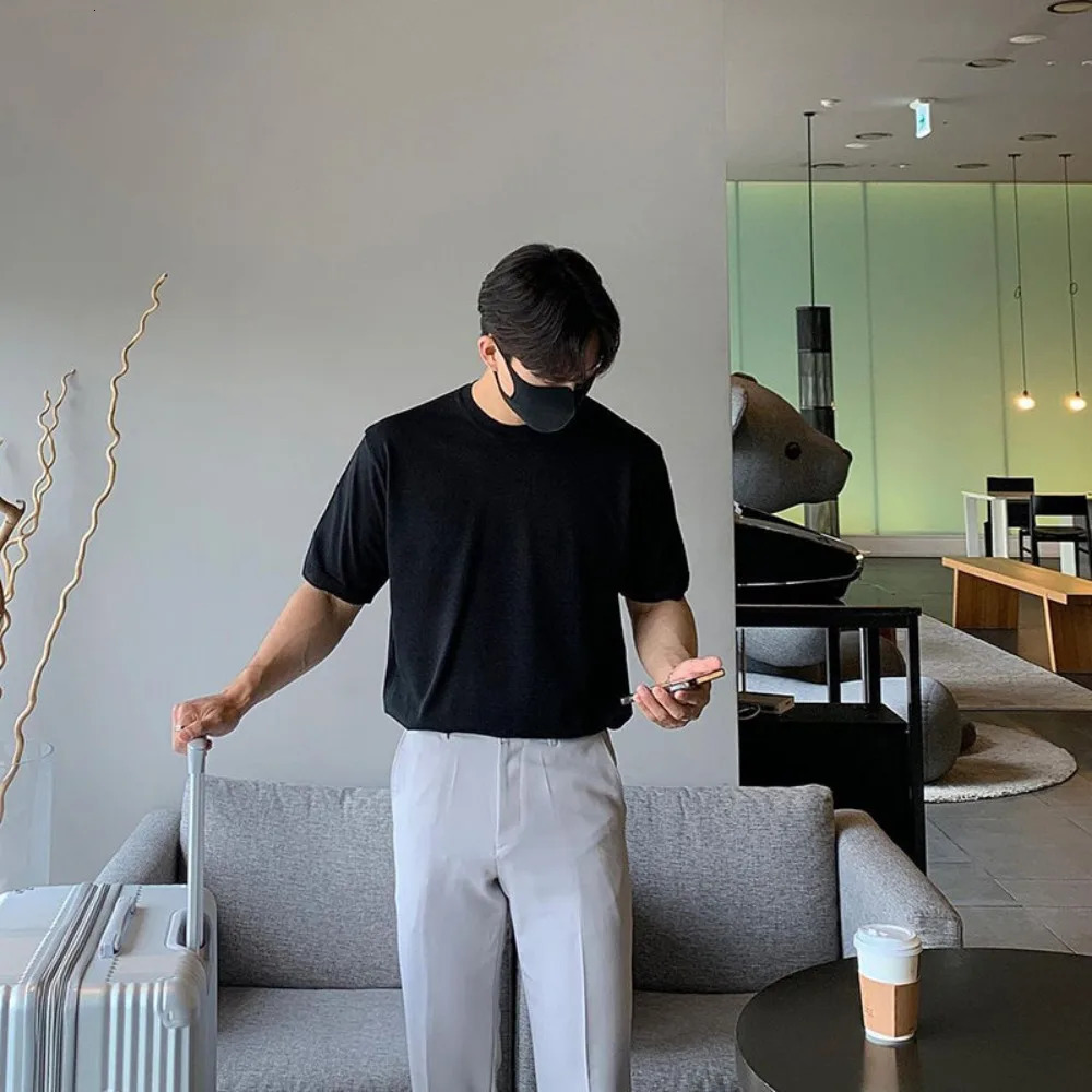 350g 100 Coton pur High Quality Heavyduty Small Collir Tshirt for Men Korean Fashion Couleur solide épaisse décontractée 240808