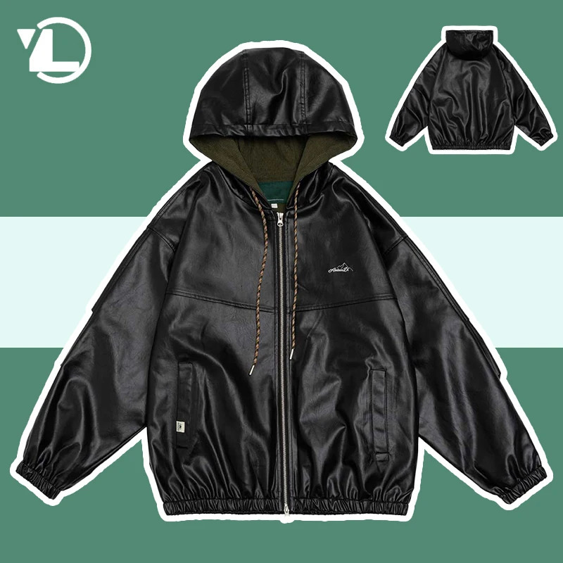 Bomber leather jacket mens loose black sports cap motorcycle jacket womens Harajuku retro casual jacket spring and autumn unisex style240808