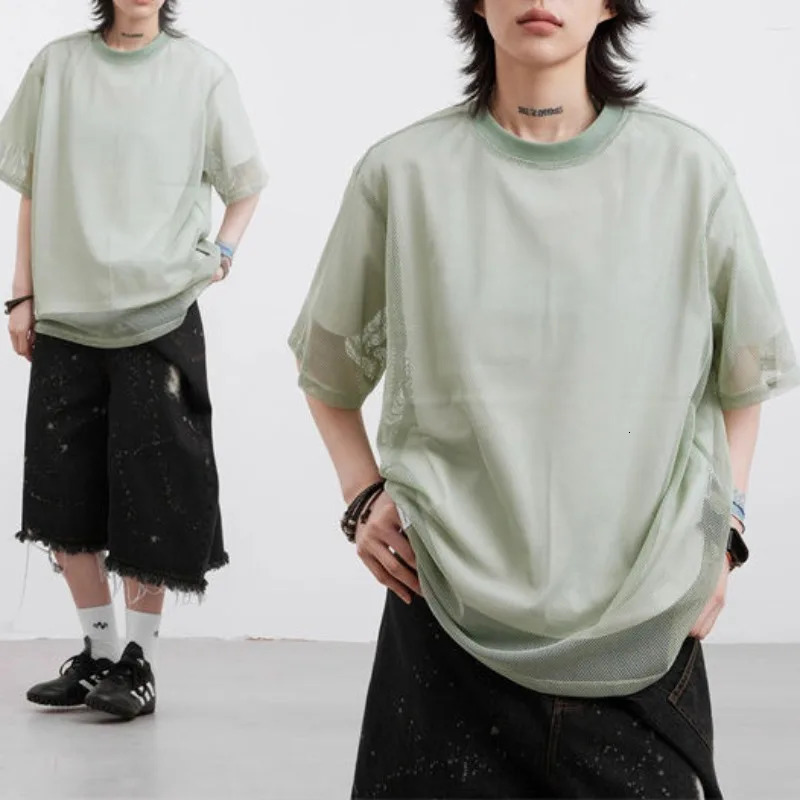 Mint Green Sheer Sun Protection short sleeved Japanese mens summer laminated top Versatile breathable mesh T-shirt240808