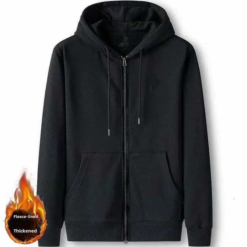 Autumn and winter fashion mens hooded cardigan sweatshirt loose fit wool lining thick polo shirt jacket Korean style 240808