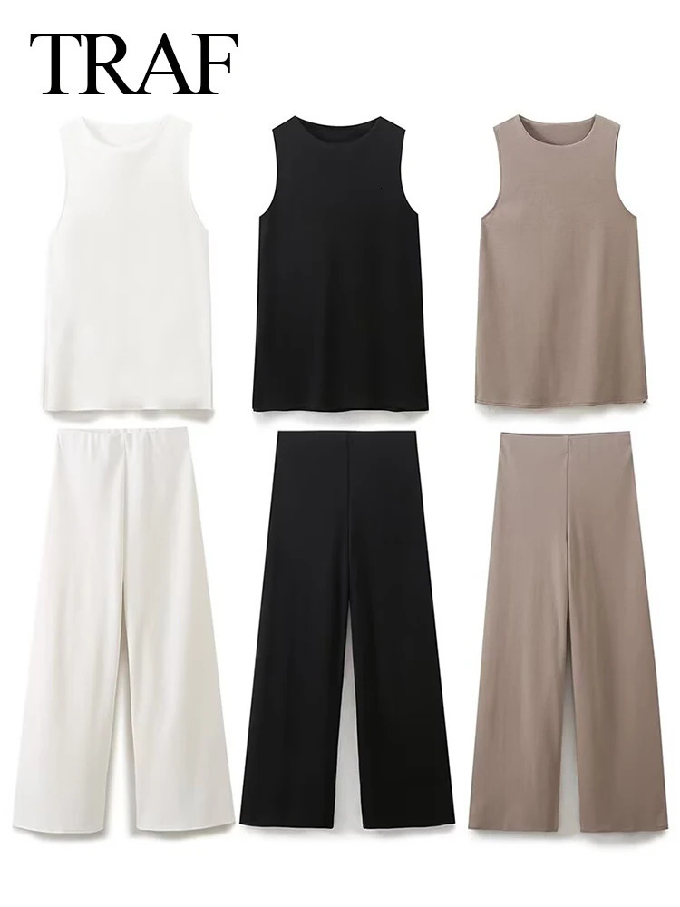 TRAF 2024 Womens Summer 2piece Tank Top Pants Set Solid Casual ONeck TopElastic Waist Loose Trouser Spring 240808