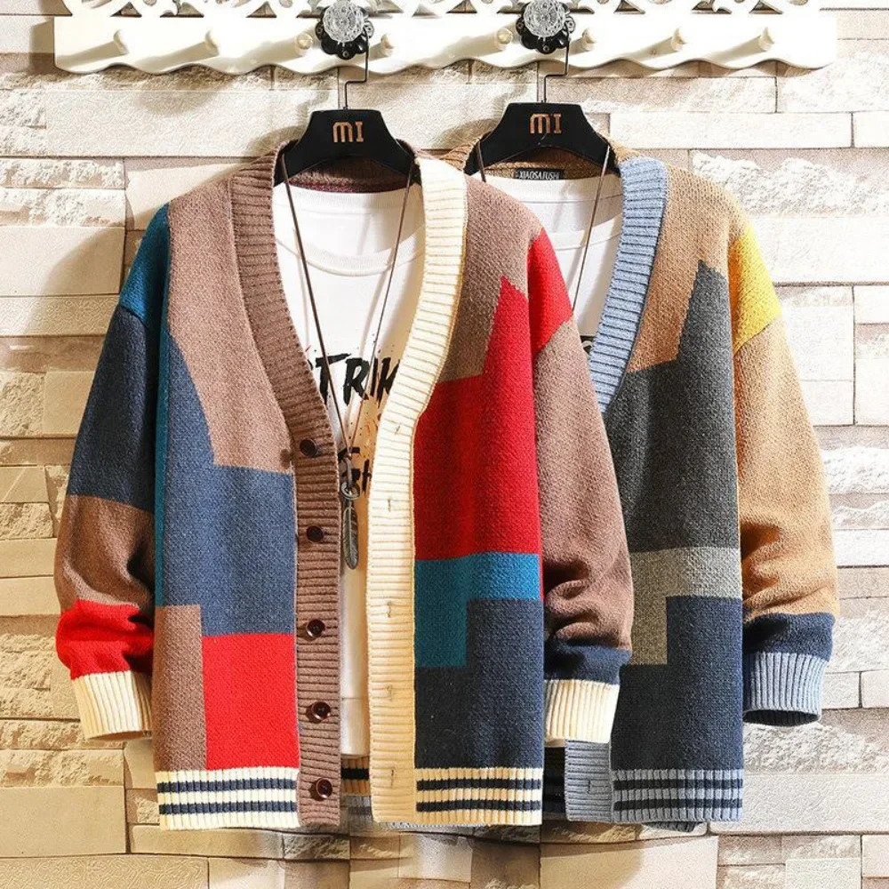 mens colored sweater cardigan splicing V-neck knitted plus size jacket240808