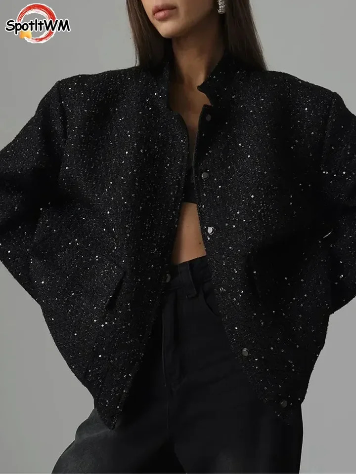 Women Fashion Golden Shiny Jacket Elegant Double Pockets Single Breasted Cropped Coat Chic Warm High Street Outerwear 240809