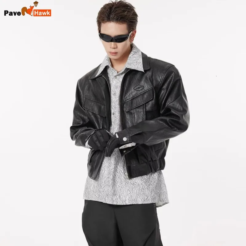 black motorcycle PU leather jacket mens 2024 spring street retro bomber short jacket letter printing pilot jacket trend240808