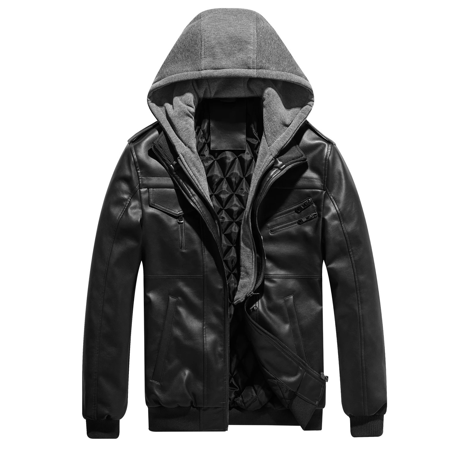 Leather jacket mens PU synthetic leather jacket hooded jacket autumn and winter casual motorcycle jacket mens windproof jacket large size240808