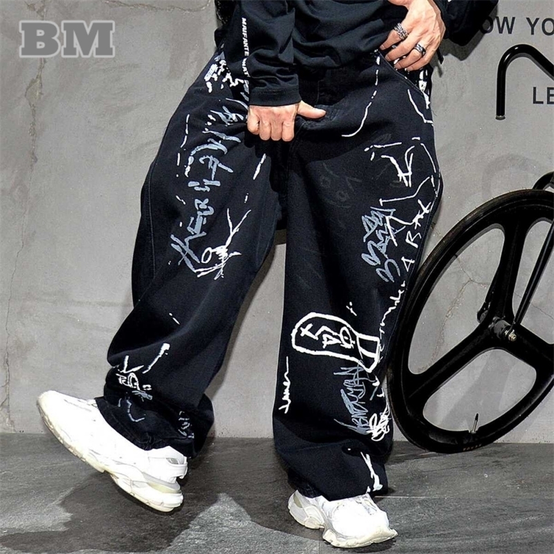American Hip Hop Baggy Jeans Mens Clothing Streetwear Paint Graffiti Black Skateboard Street Dance Pants Kpop Denim Trousers 240808