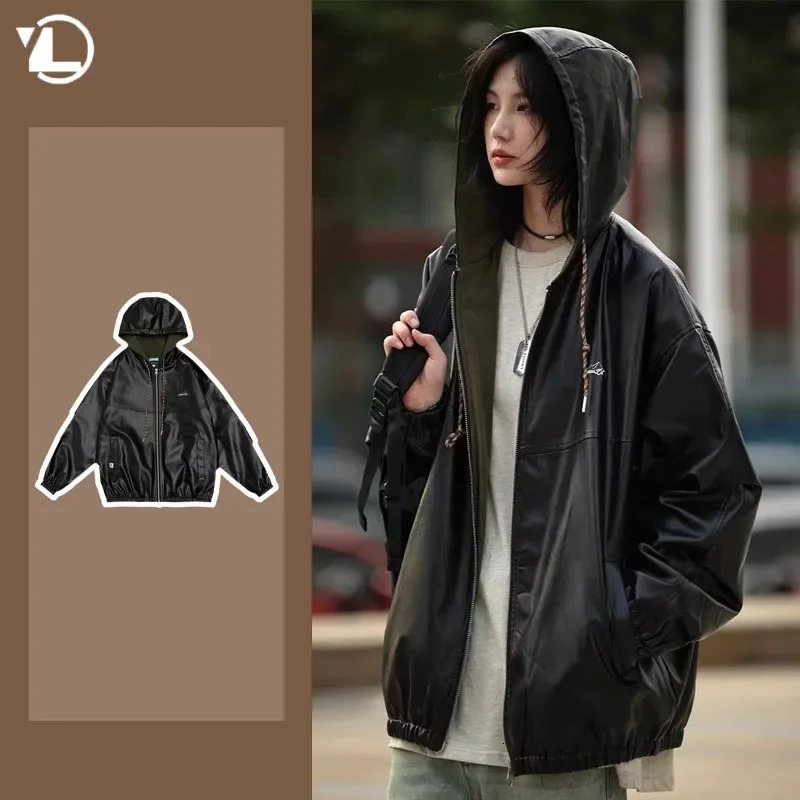 Harajuku Hooded Mens Pu Leather Jacket Autumn Retro Motorcycle Black Jacket Mens Hip Hop Zipper Jacket Unisex Street Clothing 240808