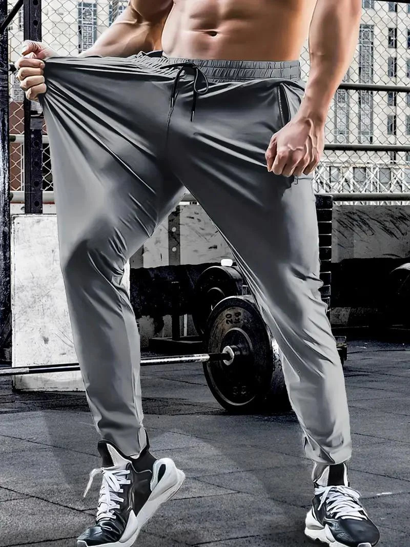 Summer spring mens waist brushed quick drying high stretch solid color sports training outdoor pants with zipper pockets240808