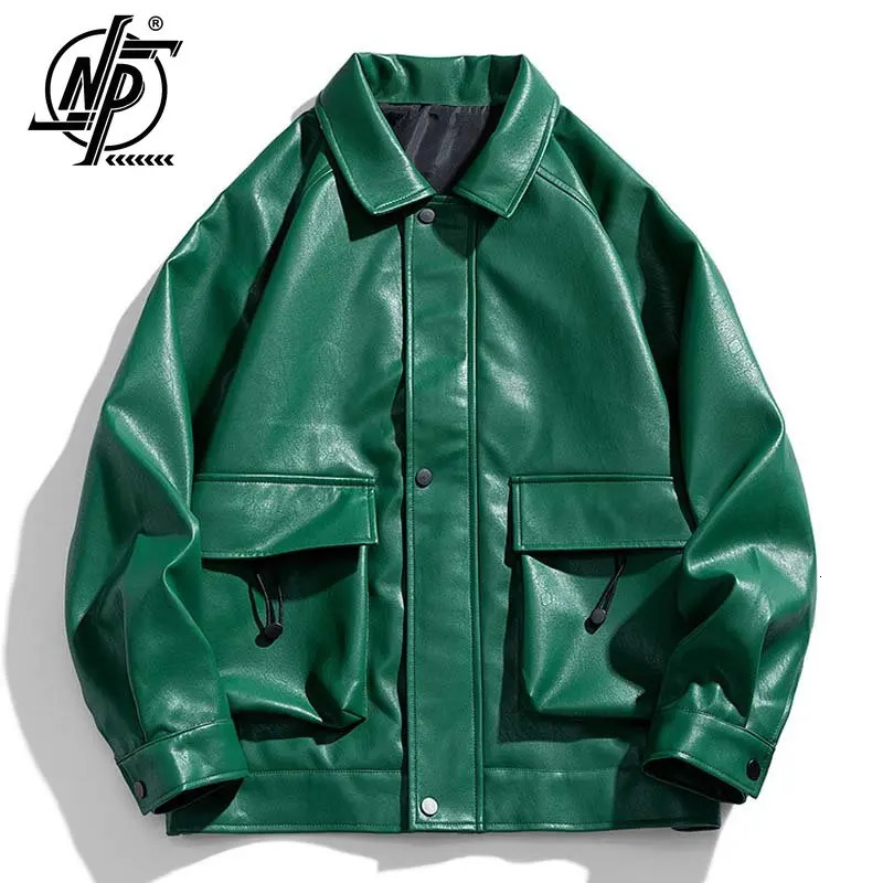 Green motorcycle mens PU leather jacket spring street clothing solid color jacket hip-hop unisex oversized leather jacket mens clothing240808