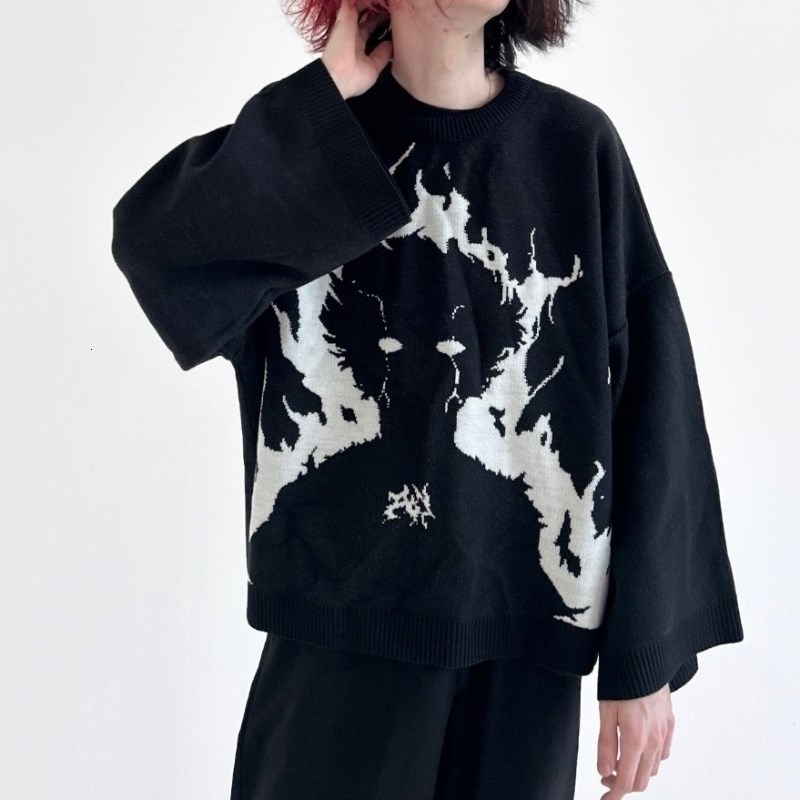 Y2K Gothic Punk Mens Pullovers Sweaters Cartoon Womens Knitted Streetwear Maiden Oversized Harajuku O Neck Knitwear Clothing 240808