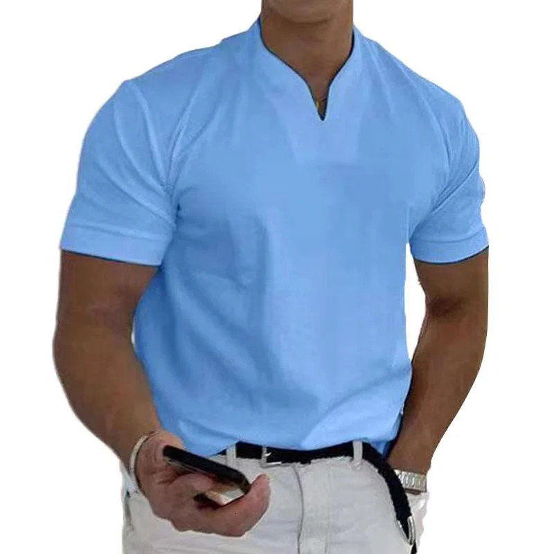 TUSANGGE mens polo Tshirt short sleeved Vneck top daily solid color clothing golf shirt fitness sportswear 240808
