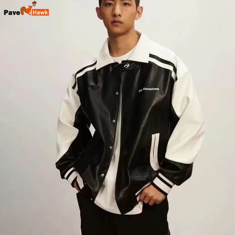 Mens patch work leather jacket American retro PU jacket high street spring jacket loose autumn street racing motorcycle jacket240808