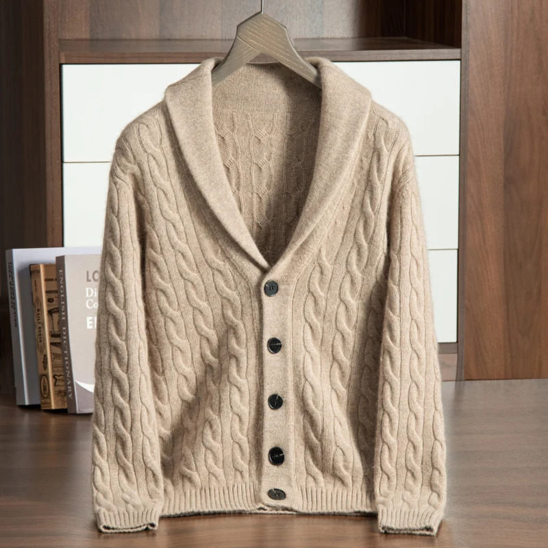 Automne et hiver 100% Pure Cachemire Pull HOMMES GREEN Col de fruits vert Cardigan Businet Casual Shirt Veste épais et chaleureux 240808