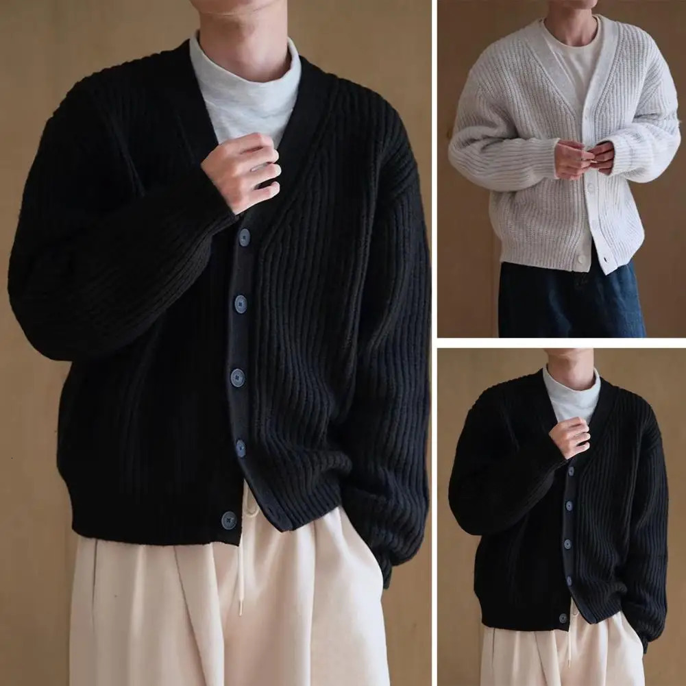 Open collar mens fashion autumn warm simple knitted sweater Japanese style handsome V-neck single chest sweater jacket mens240808