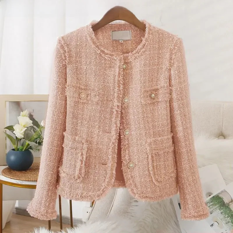 Elegant Short Pink Tweed Style Veste pour femmes automne / hiver tendance TOP Socialite Style Cropped Veste 240809