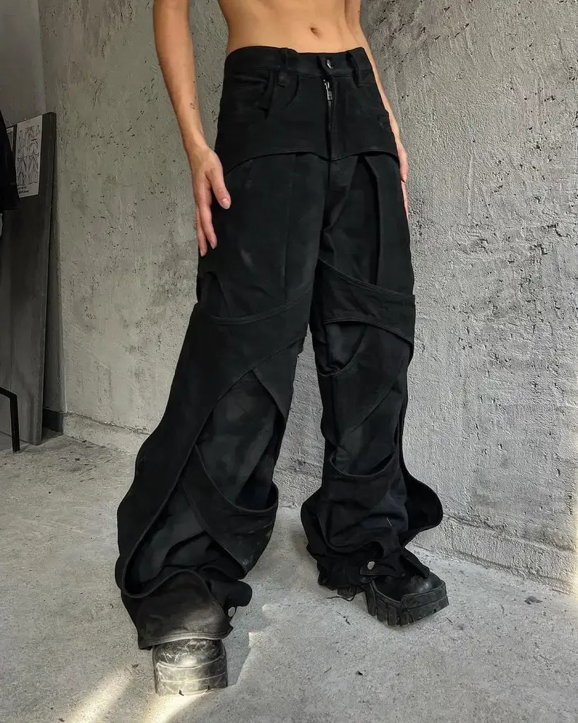 Y2K Trend Mens Gothic Hip Hop Retro Hollow Oversize Loose Jeans Harajuku Fashion Wide Legs Wide Pants Street Wear 240809