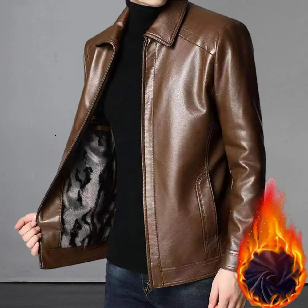 Mens jacket synthetic leather zipper windproof thick and soft plush motorcycle outerwear autumn winter mens 240808