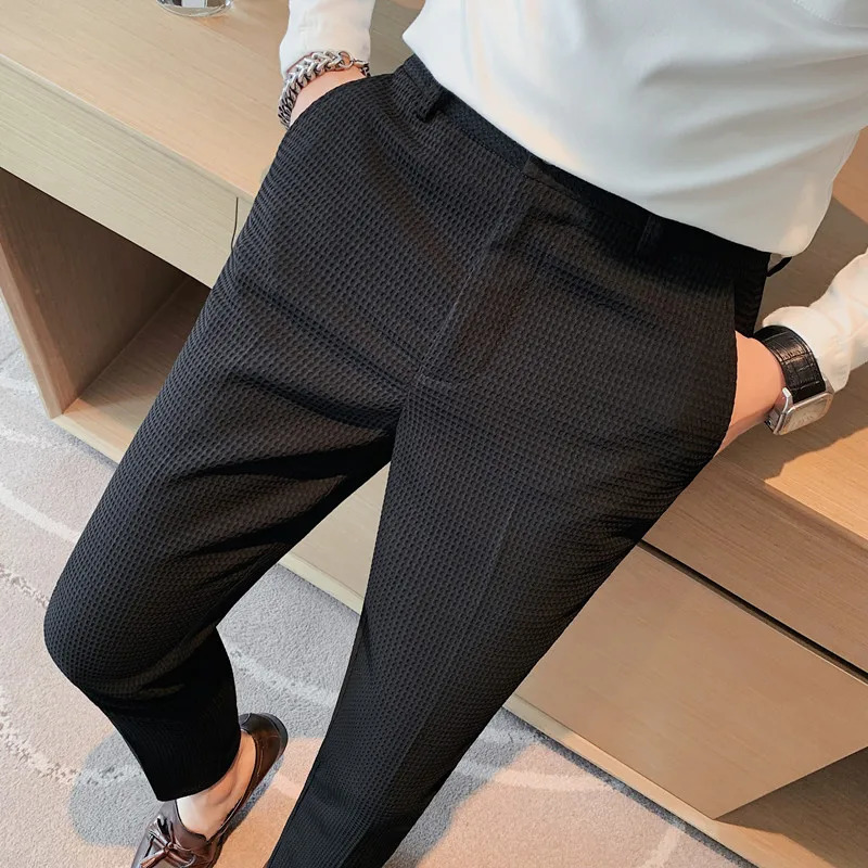 Autumn and winter fashion waffle mens dress pants business casual slim fit mens formal mens pants high-quality240808