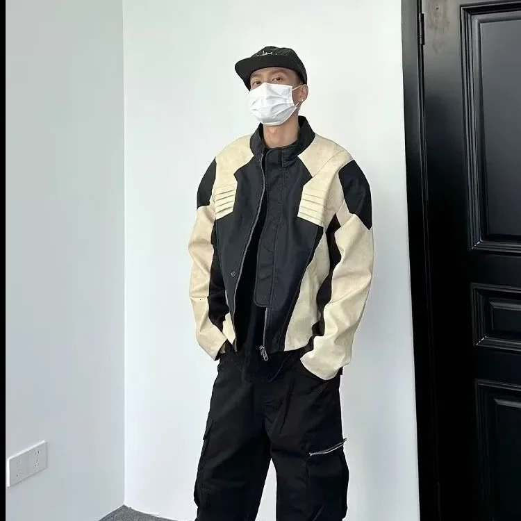 American style retro mens leather jacket with loose fit and casual long jacket with closed collar for spring and autumn fashion trend240808