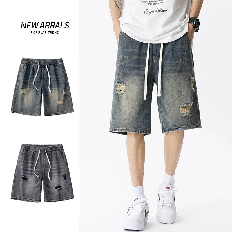 Summer Thin Denim Shorts Mens Retro Streetwear Blue Gray Stretch Straight Loose Fashionable Casual Ripped Short Jeans Men 240809