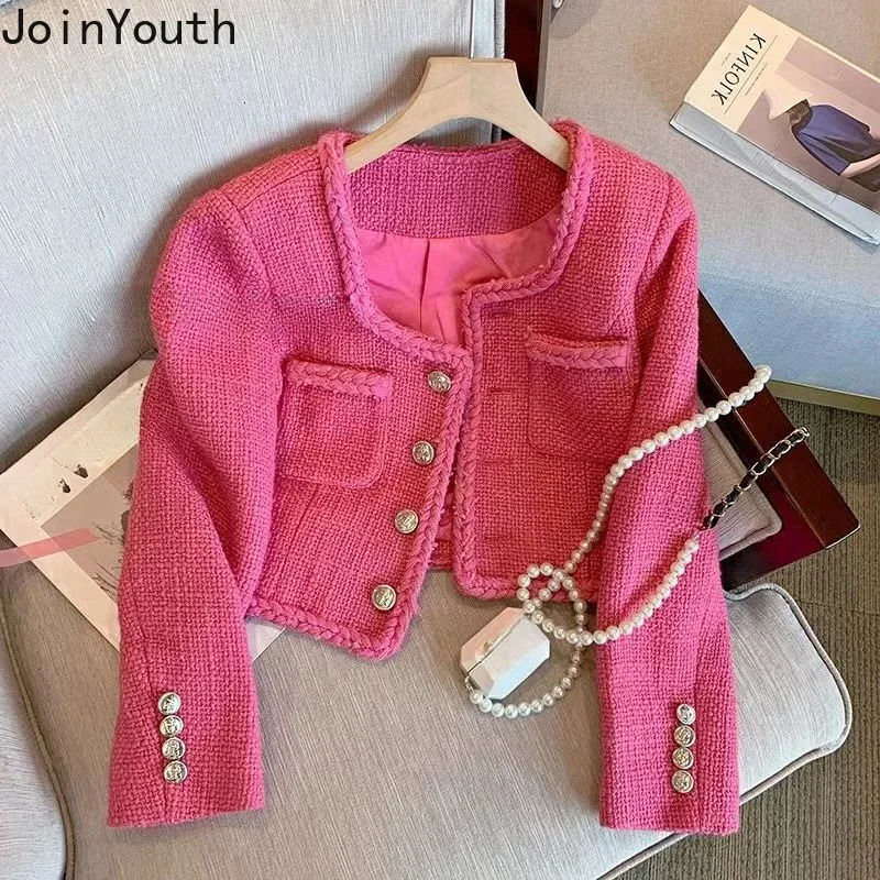 Fall Winter Clothing Fashion Women Coat Square Collar Long Sleeve Pockets Outwear Crop Tops Vintage Tweed Temperament Jackets 240809