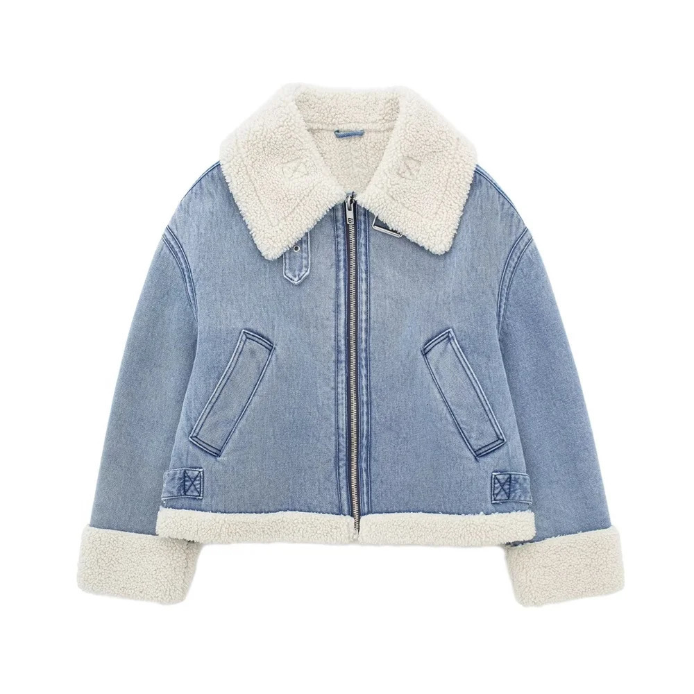 UNIZERA Autumn/Winter Product Womens Fashion and Casual Versatile Polo Collar Lamb Wool Denim Fleece Coat 240809