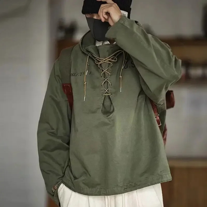 American hooded floral Japanese retro fashion parkour jacket brushed necklace workwear mens casual sweater printed top 240809