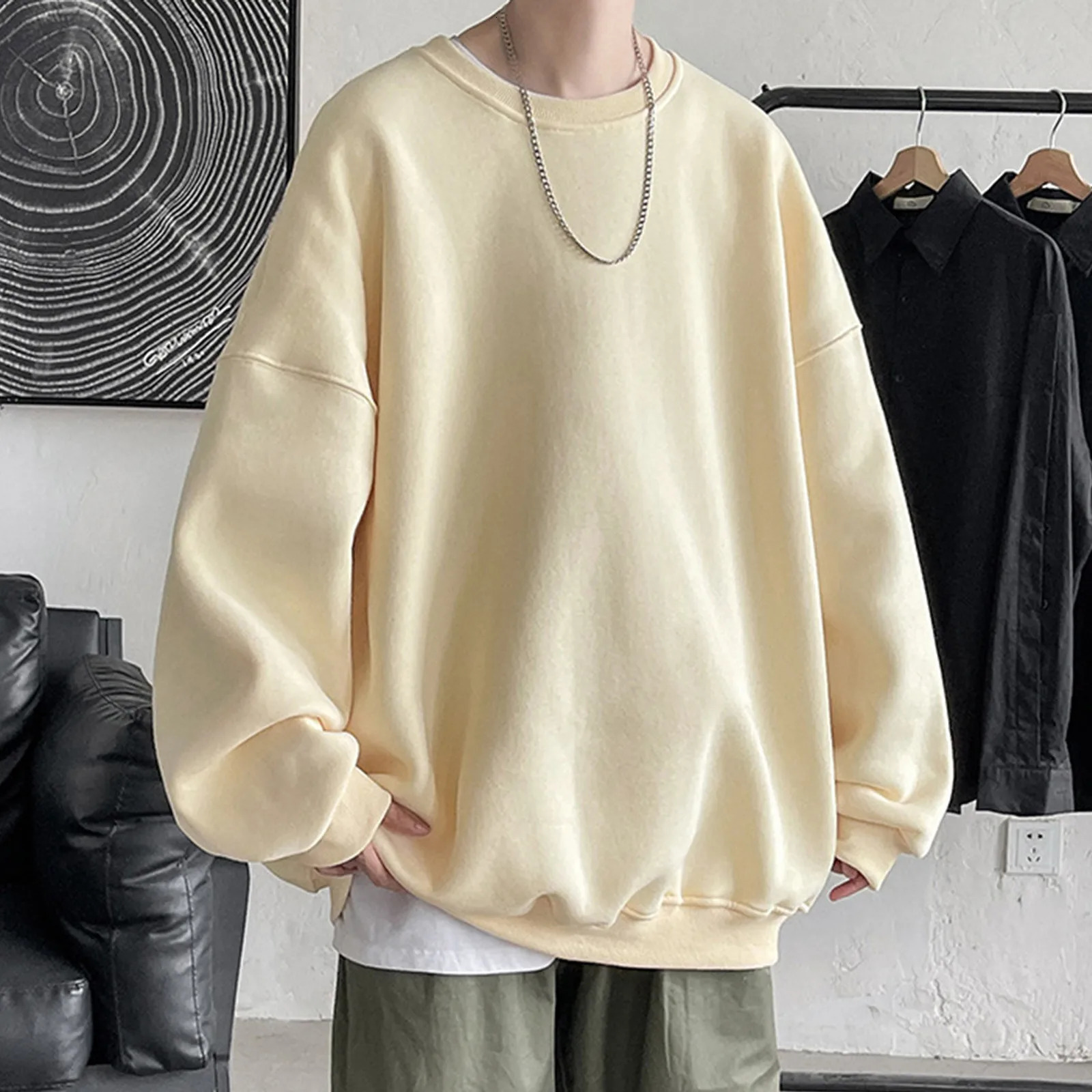 Vêtements pour hommes classiques simples swetshirts de couleur solide décontractée à sweat à épaules déposées en rond mode coule y2k pull-shirt 2