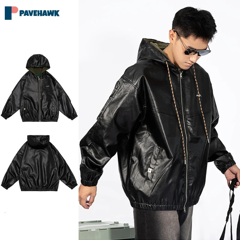 Motorcycle hooded leather jacket mens hip-hop Harajuku loose zipper jacket autumn retro PU baseball uniform unisex240808