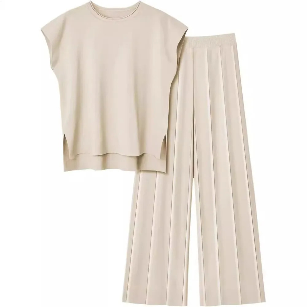 Viette sans manches à la mode pantalon de jambe large en tricot de la jambe de glace Couleur solide d'été décontracté 240809