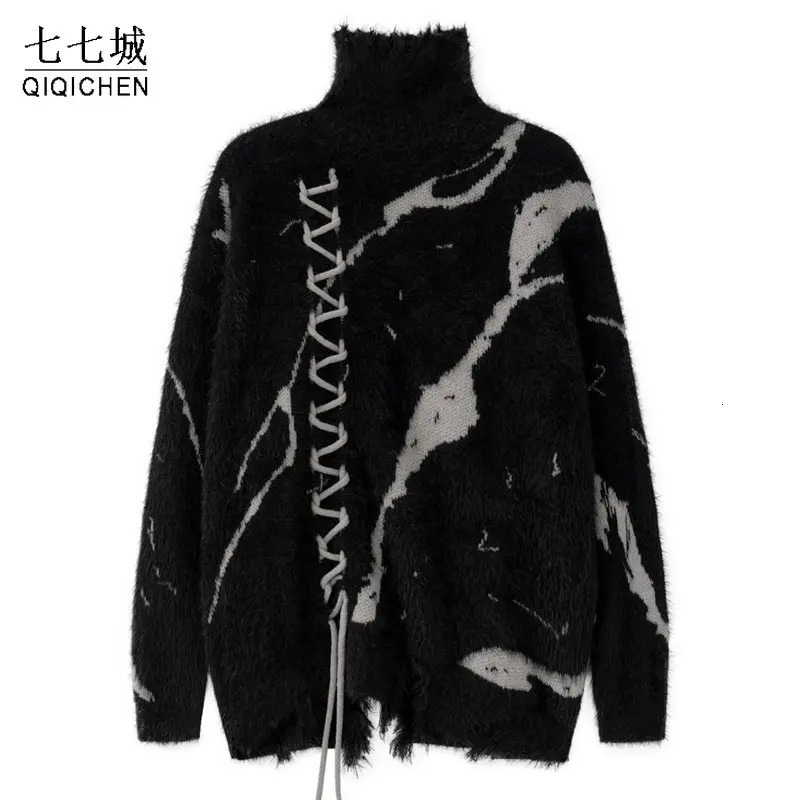 Hip Hop Turtleneck Pullover Sweater Mens Y2k Gothic Jacquard Oversized Knitted Sweater High Street Jumpers Unisex Street Clothing Autumn240808