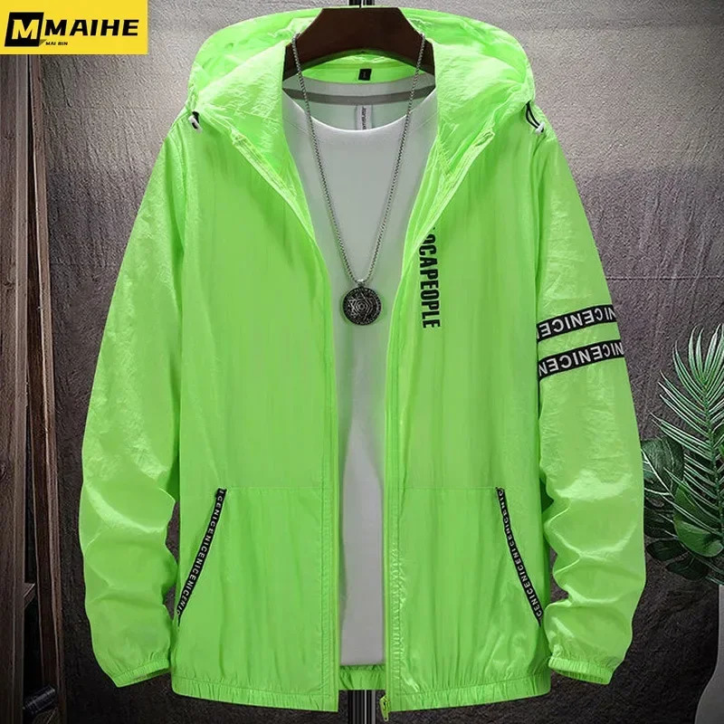 Summer Skin Coats Mens Ultra Light UV Sunscreen Large Hooded Windproof Jacket Striped Casual 8XL 9XL 240808