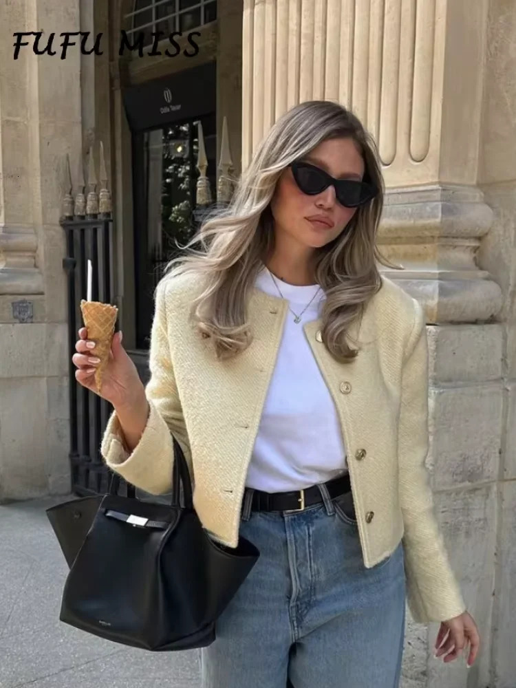 Elegant Solid Tweed Womens Jackets O-neck Long Sleeve Single Breasted Outerwears Autumn High Street Fashion Lady Coat 240809